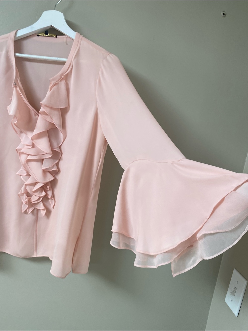 Kobi Halperin Soft Pink Silk Crepe Ruffle V-Neck Bell Sleeve Blouse